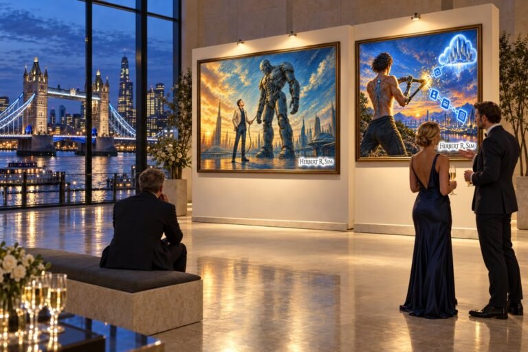 A riverside exhibition overlooking London’s Tower Bridge presents Herbert Sim’s Human-Sovereignty Transhumanism through art exploring bodily autonomy, neural privacy and the freedom to refuse or disconnect.
