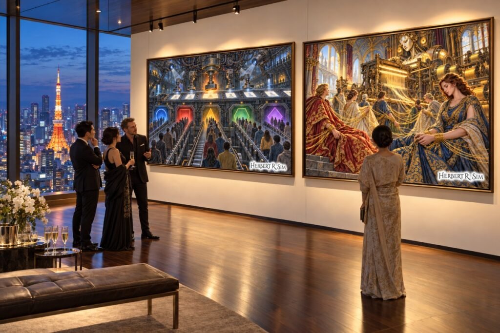An art gallery overlooking Tokyo Tower, in Japan; pairing Herbert Sim’s Demonic and Satanic Intelligence artworks, contrasting the human costs of destructive optimization with dependence concealed within helpful technology.